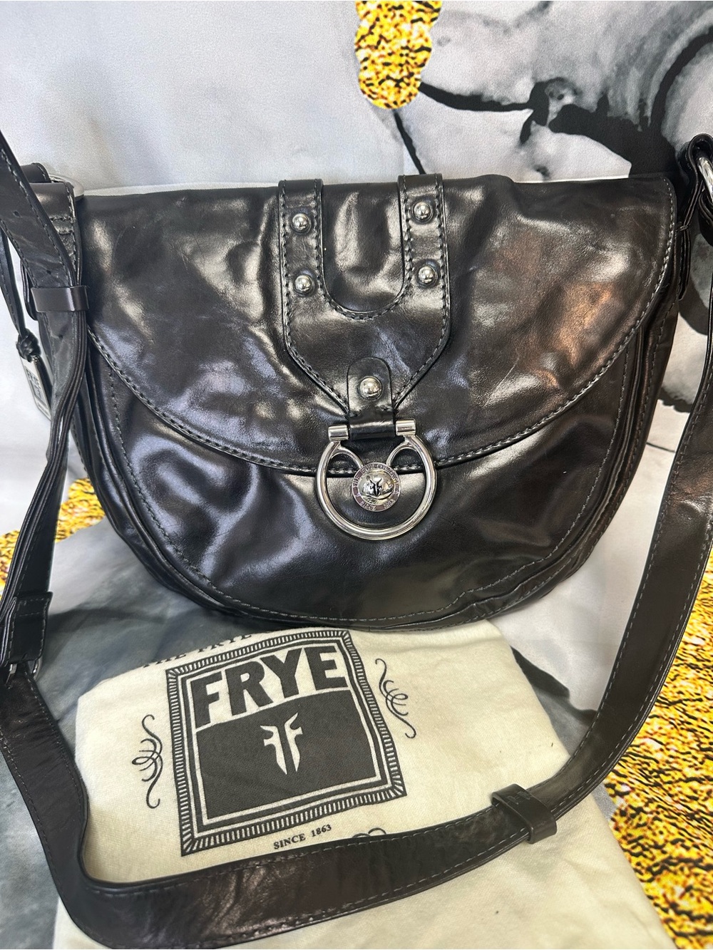 Frye Black Leather Saddle Crossbody with Silver Ring Lock